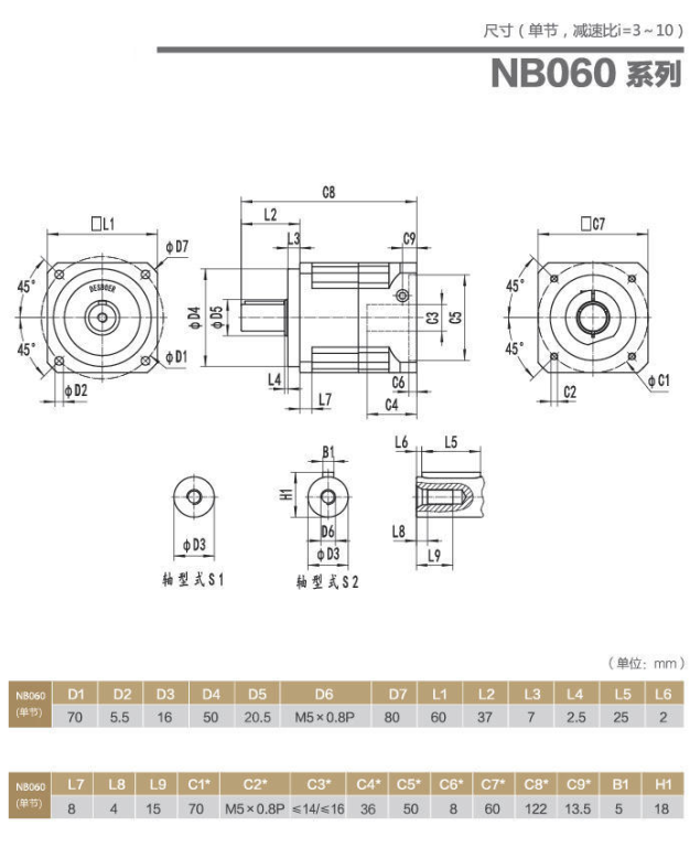 NB060行星減速機型號大全以及尺寸圖紙